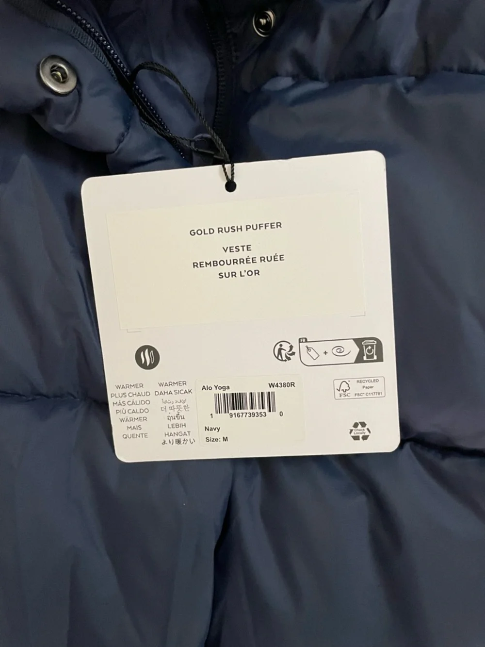 Alo Yoga NWT Gold Rush Puffer Jacket Navy Blue Size M